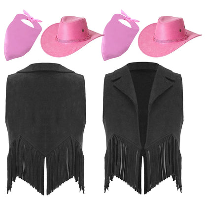 Costume de cosplay pour filles, cow-girl western, gilet en daim rétro à franges, ouvert sur le devant, avec bandana, foulard et chapeau pour Halloween et le carnaval