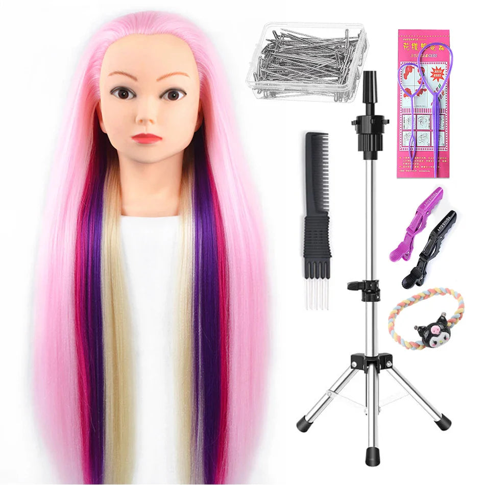 Tête de mannequin à cheveux longs synthétiques avec support de trépied de perruque réglable Modèle avec tête de mannequin Formation de coiffeur coiffant