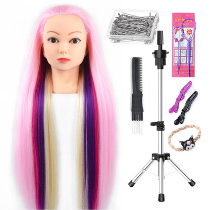 Tête de mannequin à cheveux longs synthétiques avec support de trépied de perruque réglable Modèle avec tête de mannequin Formation de coiffeur coiffant