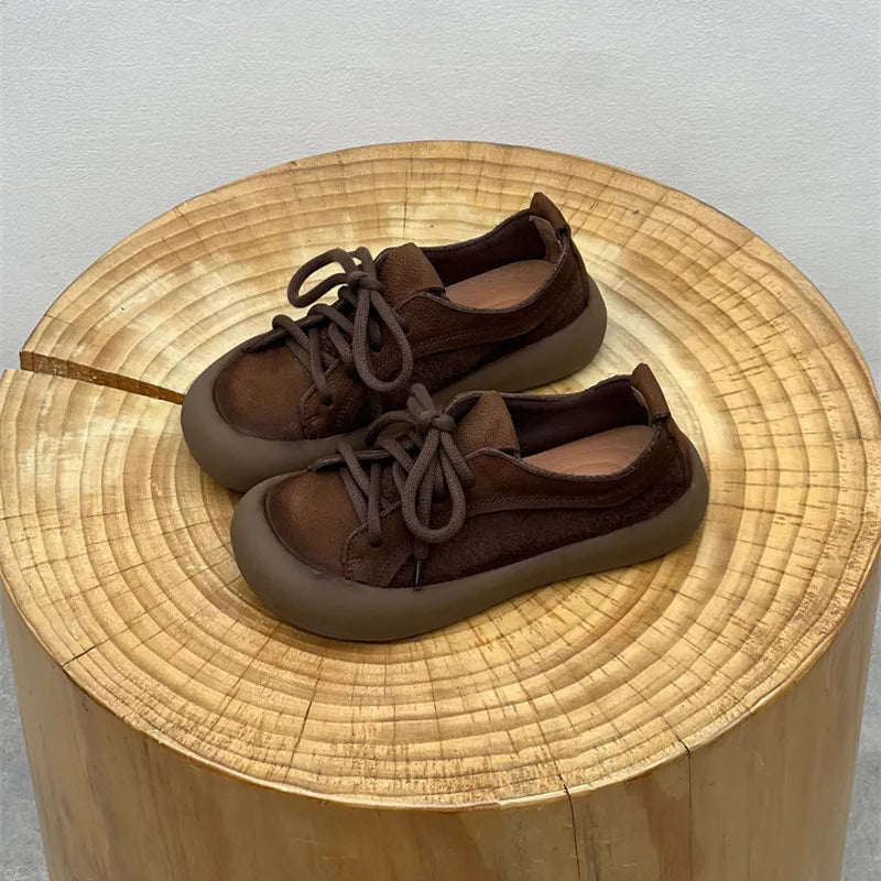 Chaussures en cuir de vache pour femmes, style rétro, pour loisirs en plein air, marche, chaussures plates à lacets, chaussures de travail sur le terrain des agriculteurs