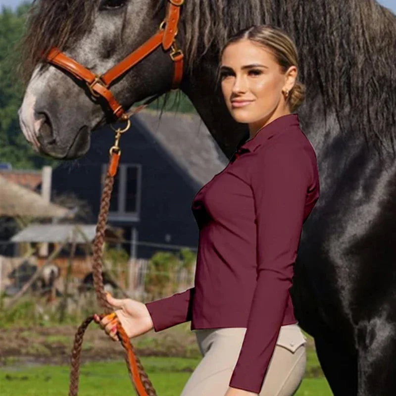 MXLLINA Tee-shirts d'équitation bordeaux femme hauts équestres doux à manches longues pour femme cavalière chemise de base vêtement