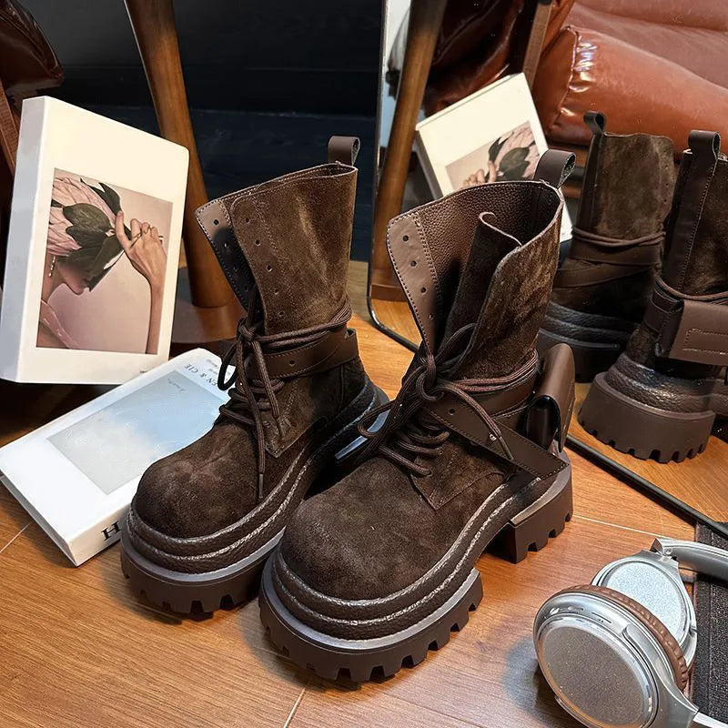 Bottes de Cowboy à grande tête en détresse, mode rétro, bottes de chevalier montantes de Style moto haut de gamme, bottes à semelles épaisses pour filles et femmes
