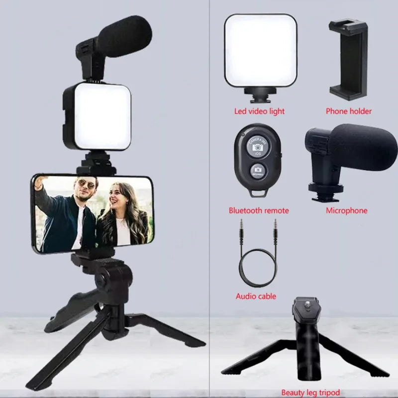 Smartphone VzonKit avec trépied, support de téléphone, mini microphone, lumière de remplissage LED, démarreur pour TikTok, diffusion en direct, vidéo prometteuse