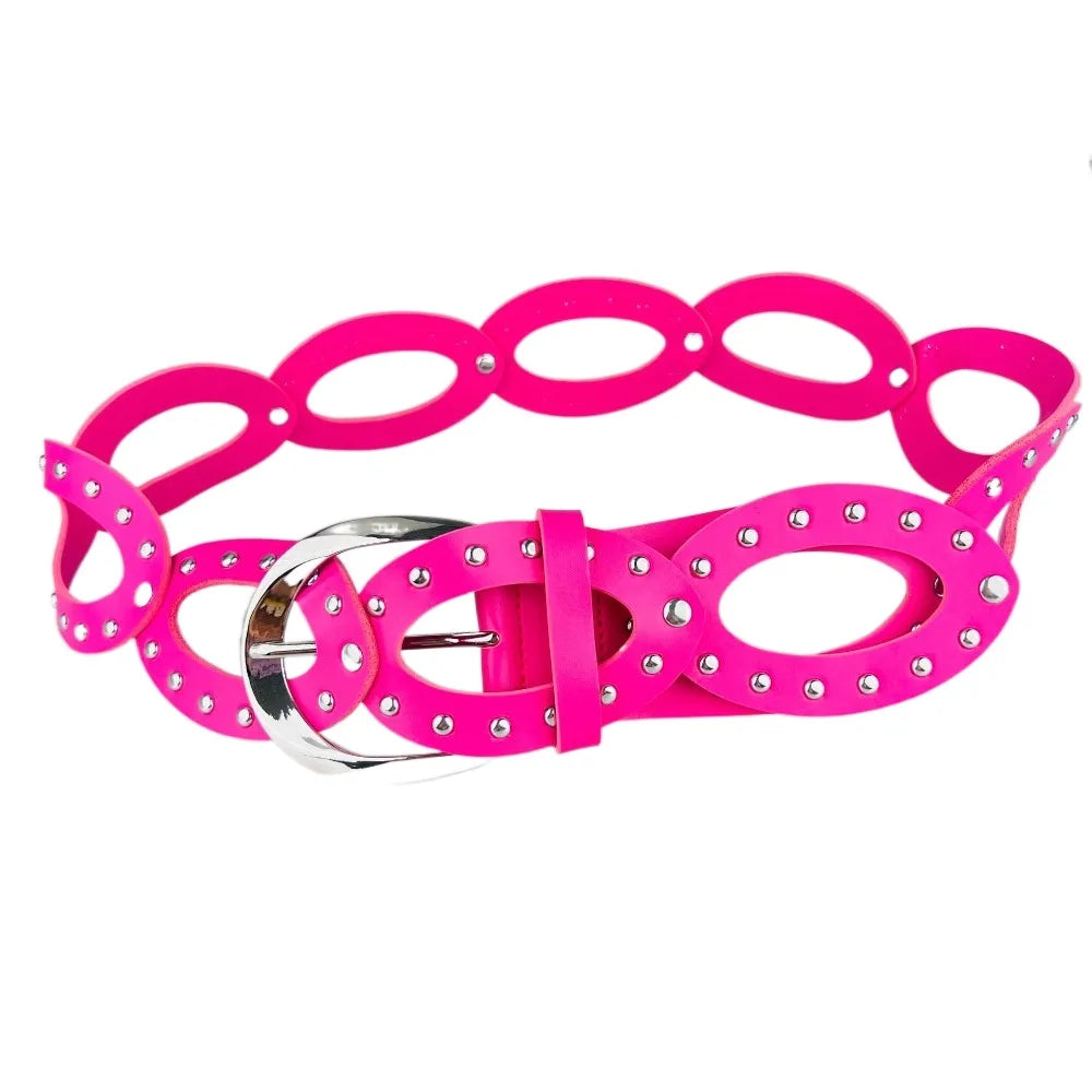 Adjustable Cowgirl Waist Belt, Hollow, Wide Side, PU Leather, Elliptical Geometry, Metal Buckle, Rivet, Everyday Waist Belt