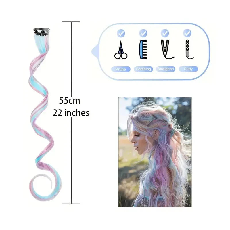 Extensions de cheveux Licorne 6 pièces de 55 cm, cheveux bouclés synthétiques à clipser pour femmes, idéales pour les déguisements d'Halloween et de Noël
