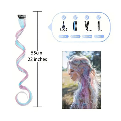 Extensions de cheveux Licorne 6 pièces de 55 cm, cheveux bouclés synthétiques à clipser pour femmes, idéales pour les déguisements d'Halloween et de Noël