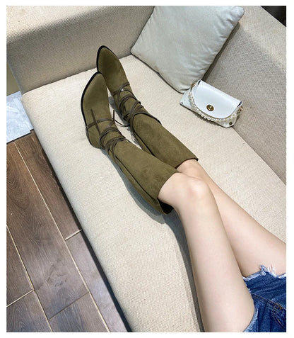 Matte Leather Gothic Western Cowboy Boots Women's Fashion Autumn New Style Pointed Toe Lace-up Retro High Top Flat Heel Boots