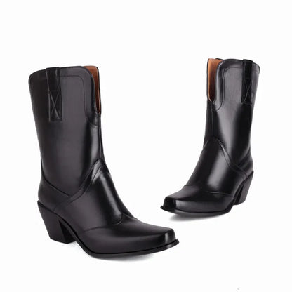 Botas De Mujer Western Cowboy Boots Retro Black Mid Calf Boots for Women Thick High Heels Goth Shoes  Big Size 34-48 777-11