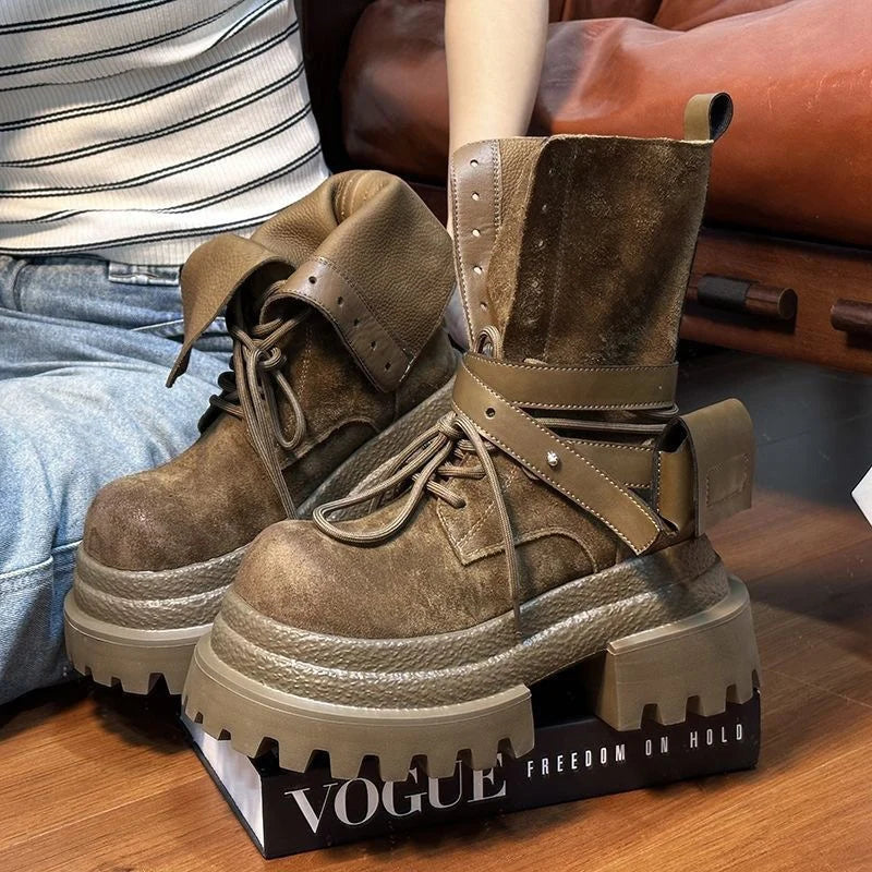 Bottes de Cowboy à grande tête en détresse, mode rétro, bottes de chevalier montantes de Style moto haut de gamme, bottes à semelles épaisses pour filles et femmes
