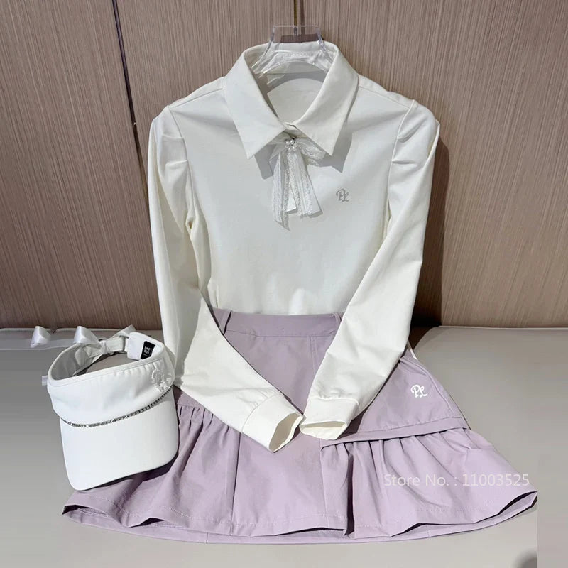 PL Golf Women New Autumn Top Puff Long Sleeve Polo Shirts Elegant Korean Style T-shirts Lady Pleated Golf Cargo Skirt with Short
