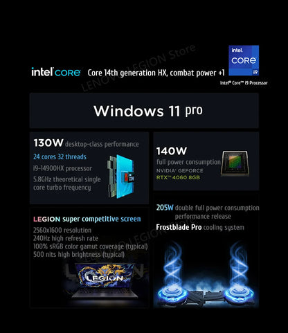 PC portable de jeu Lenovo Legion Y9000P Gaming E-Sports 2024 RTX 4060 Intel i9-14900HX 16" 16/32/64 Go de RAM 1/2 To SSD 2.5K 240 Hz