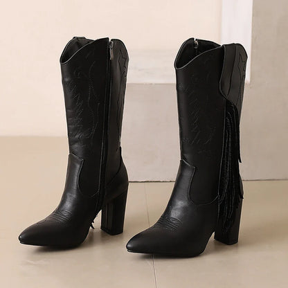Botas De Mujer bottes De Cowboy occidentales brodées femmes mode pointu gland côté fermeture éclair genou bottes hautes chaussures gothiques 8508
