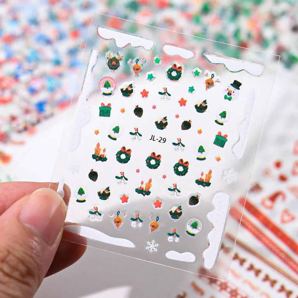 30Pcs Christmas Santa Claus 3D Nail Art Stickers Glitter Cartoon Snowflakes/Snowman/Pine Winter Sliders Xmas DIY Manicure Decals