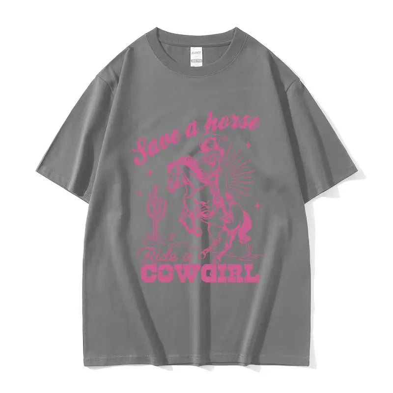 T-shirt décontracté unisexe en coton imprimé "Save A Horse Ride A Cowgirl", style rétro esthétique, Streetwear mode