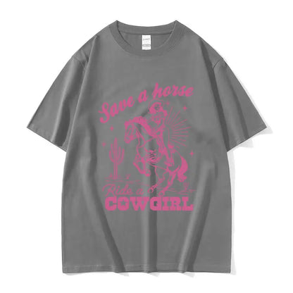 T-shirt décontracté unisexe en coton imprimé "Save A Horse Ride A Cowgirl", style rétro esthétique, Streetwear mode