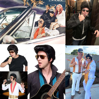 Perruque synthétique de légende du rock des années 50 et 60 pour homme, perruque Le King des années 1950, perruque de costume de chanteur rocker avec accessoires pour cosplay, fête d'Halloween