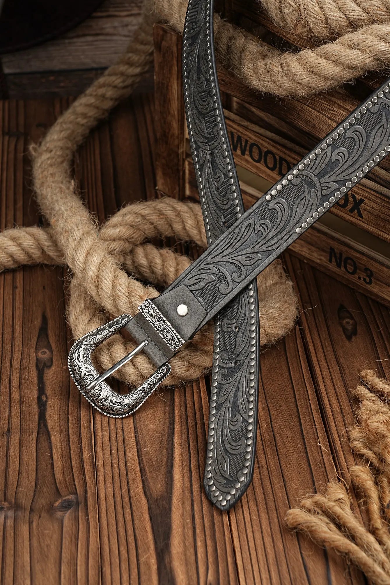 Ceinture Western Cowboy en Similicuir PU - Sangle de Taille Homme Décoration Taureau Gravure Florale pour Jeans