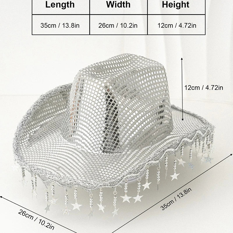Creative Sequin Cowboy Hat for Women, Shiny Cowgirl Hat, Wide Brim Hat, Western Glitter Star, Tassel, Theme Party Cap, 2025