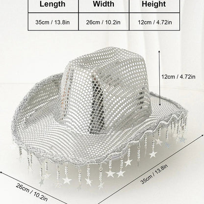 Creative Sequin Cowboy Hat for Women, Shiny Cowgirl Hat, Wide Brim Hat, Western Glitter Star, Tassel, Theme Party Cap, 2025