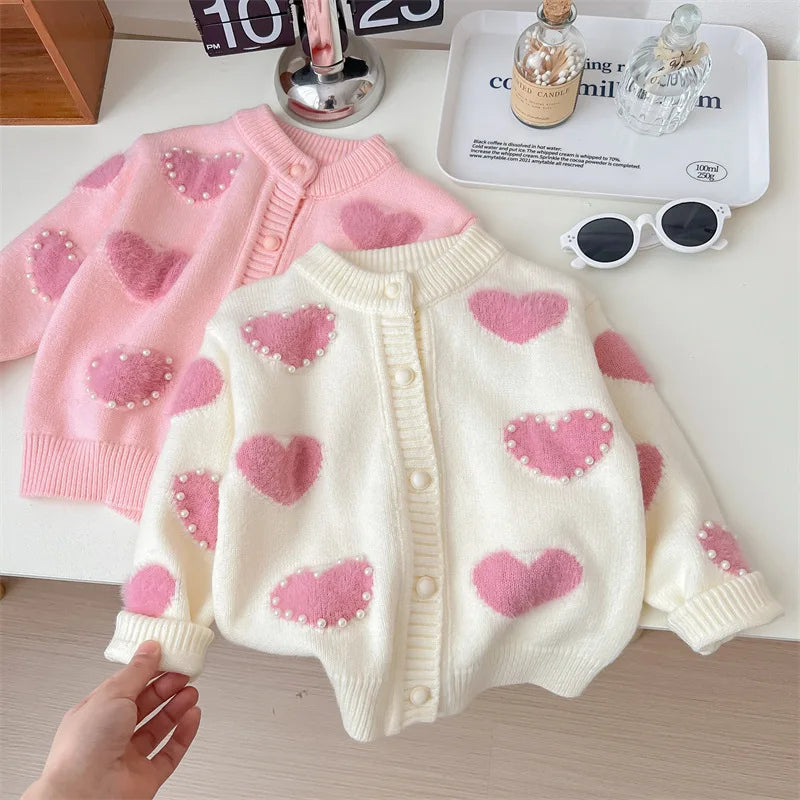 Children's Pink Heart Pearl Color Matching Knitted Cute Casual Sweater Cardigan Girl Spring and Autumn Jacket
