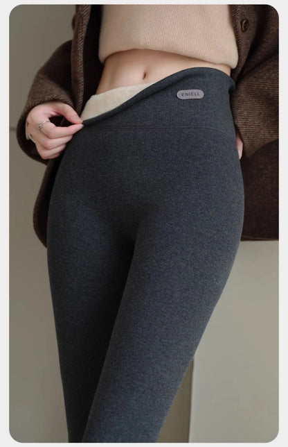 Leggings 420g 92% coton avec doublure polaire pour vêtements d'hiver, polaire d'agneau épaisse en coton pour femmes, pantalon chaud gris taille haute