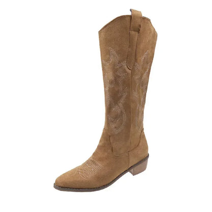 Bottes de Cowboy occidentales brodées pour femmes, bout pointu, talon épais, bottes hautes aux genoux, amples, en cuir PU, longues, automne