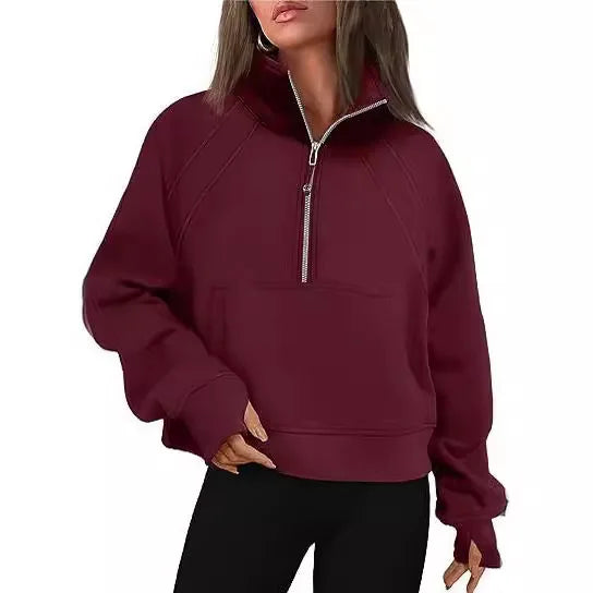 Sweat-shirt à col montant pour femme, sweat à capuche pour document solide, manches longues, poche adt, demi-fermeture éclair, pull sportif, haut streetwear, printemps, automne