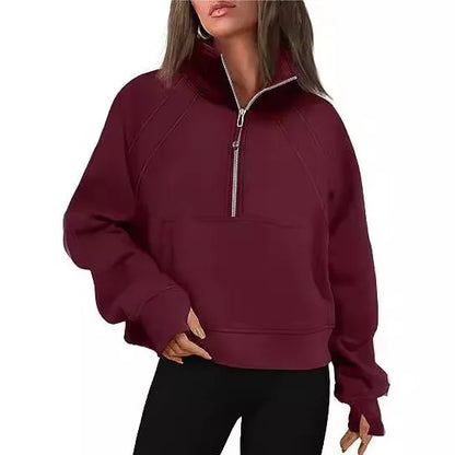 Sweat-shirt à col montant pour femme, sweat à capuche pour document solide, manches longues, poche adt, demi-fermeture éclair, pull sportif, haut streetwear, printemps, automne