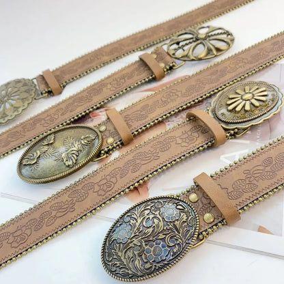 Fashion Adjustable Women Belt Vintage PU Leather Cowboy Belt Engraved-Buckle Boho Western Belt for Jeans Pants Dresses