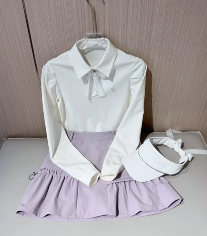 PL Golf Women New Autumn Top Puff Long Sleeve Polo Shirts Elegant Korean Style T-shirts Lady Pleated Golf Cargo Skirt with Short