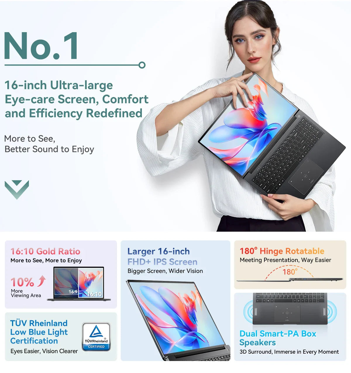 Blackview AceBook 12 Ordinateur portable Win 11 16'' FHD IPS, Notebook Intel I5-1030NG7, 16 Go RAM 512 Go SSD, Bouton d'alimentation 2-en-1 avec empreinte digitale