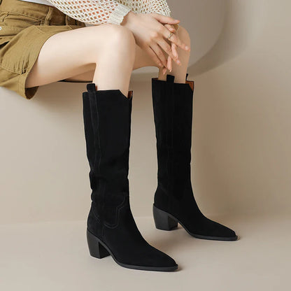 Bottes de Cowboy en Daim de Vache à Talons Hauts pour Femme, Style Vintage, Style Country Western, à la Mode, Automne Hiver