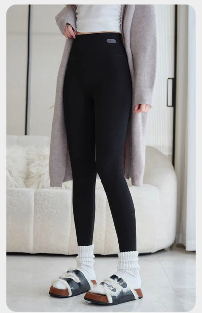 Leggings 420g 92% coton avec doublure polaire pour vêtements d'hiver, polaire d'agneau épaisse en coton pour femmes, pantalon chaud gris taille haute