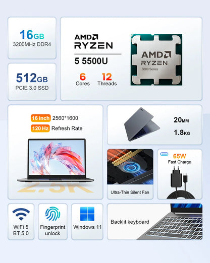 Ninkear A15 Pro Ordinateur portable 16" IPS 2.5K FHD AMD Ryzen5 5500U, 16G DDR4 3200Mhz+512GB, Batterie 54Wh, Windows11 PRO