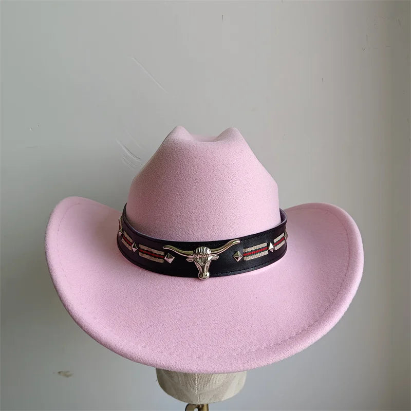 Ethnic Style Cowboy Hat Fashion Chic Unisex Solid Color Jazz Hat With Bull Shaped Decor Western Cowboy Hats