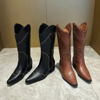 2025 New Women's Boots Low Heel Cowboy Western Short Leather Knee High Luxury Designer Gothic New Rock Shoes Vintage