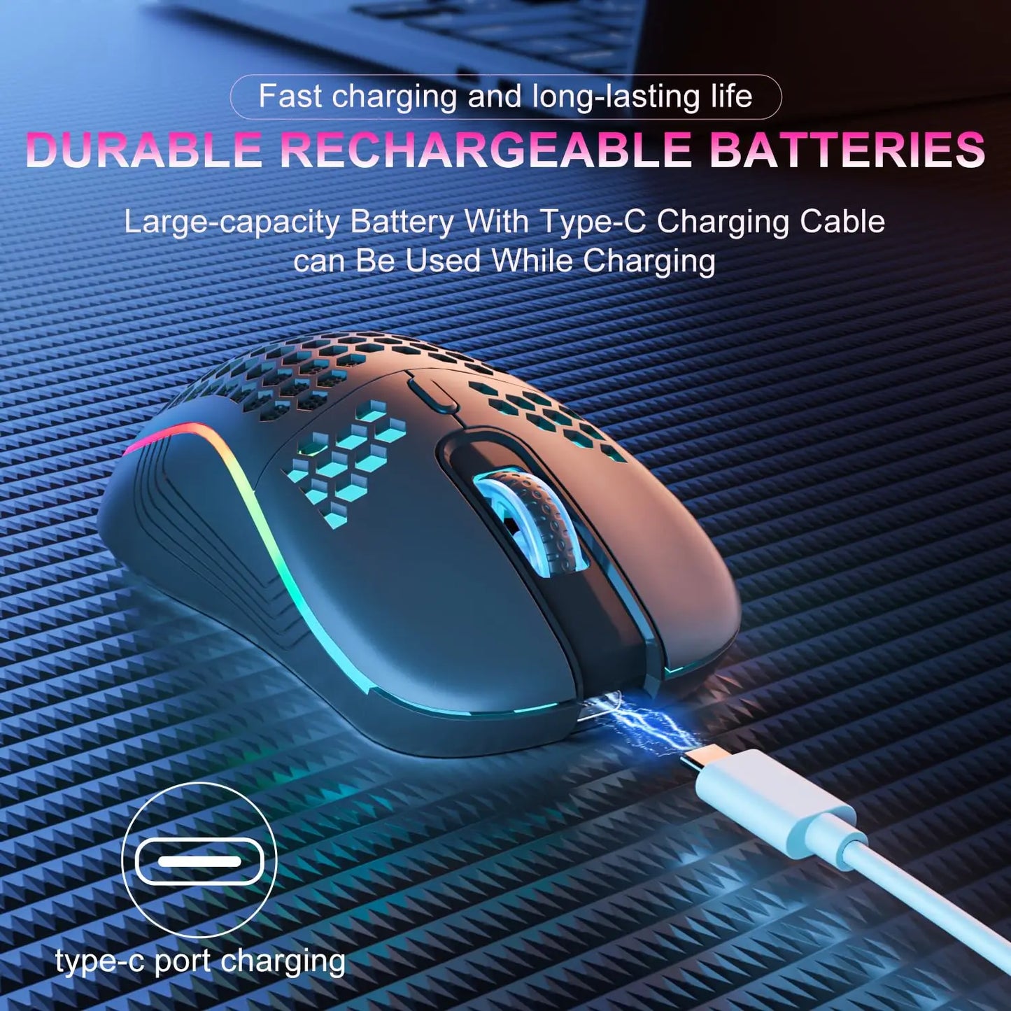 2.4G Wireless Mouse with RGB Backlit 6-button 3-speed DPI Type C Rechargeable Ergonomic Honeycomb Design Gaming Mouse