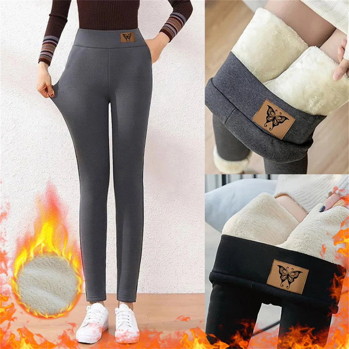 Hiver femmes Leggings solide chaud Leggings épaissir laine d'agneau taille haute polaire garder bout à bout haute extensible pantalon de marche poche