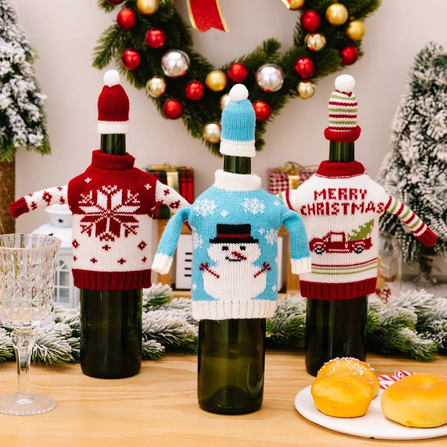 Ensemble de bouteilles de vin de noël tricotées créatives, couvre-bouteille de vin, manches, bonhomme de neige du père noël, nouvel an, décor de Table à dîner