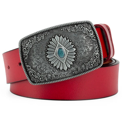 Ceinture classique en cuir véritable avec boucle émail saphir et motif floral sculpté en argent pour femmes et hommes, cadeau