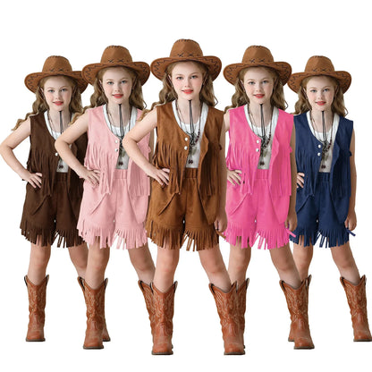 Costume de Cowboy pour filles, gilet à franges, Style bohème rétro, short en Denim occidental en velours pour filles, Costume Hippie