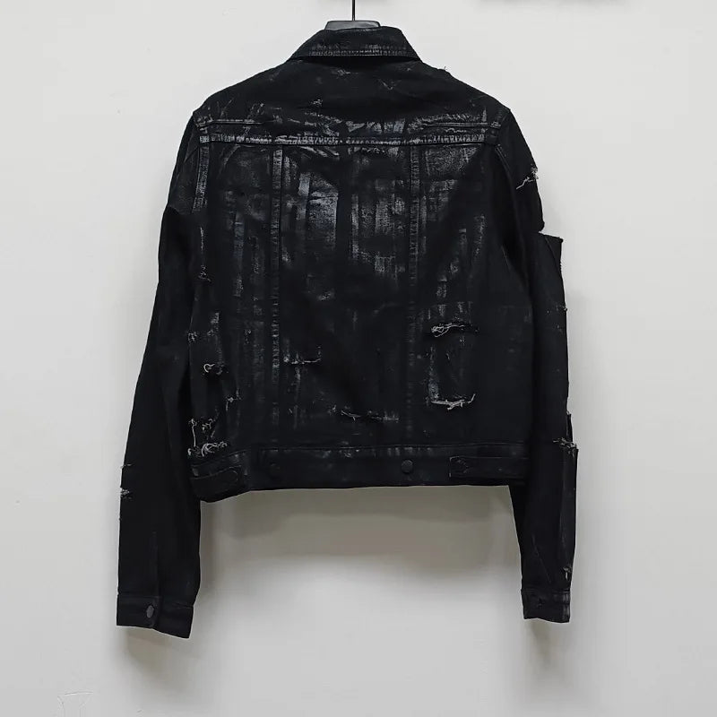 HKSH Spring Autumn New Man Punk Fashion Streetwear Dark Brushed Wax Handmade Damaged Tops Denim Jacket Y2K Chic Ins Coats HK4959