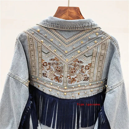 Rivet Embroidery Tassel Denim Jacket Women Loose Long Sleeve Short Outwear Spring Autumn Fashion Black Jeans Jacket Coat Female