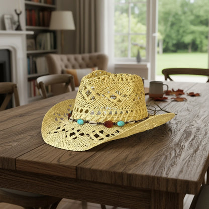 Chapeaux de cow-girl pour femmes et hommes, chapeau occidental d'été en plein air, chapeau de paille à large bord avec bande perlée