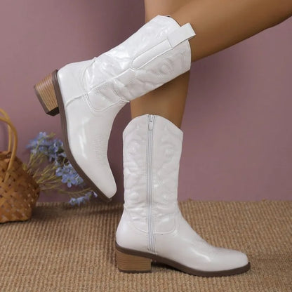 Bottes de cowboy western pour femmes, chaussures roses brillantes métalliques brodées à bout pointu et à talons aiguilles