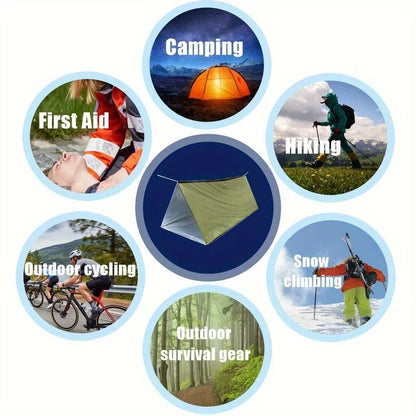 Tente d'urgence équipée d'une couverture isolante verte durable, résistante au froid et à la pluie, parfaite pour le camping et les activités de plein air
