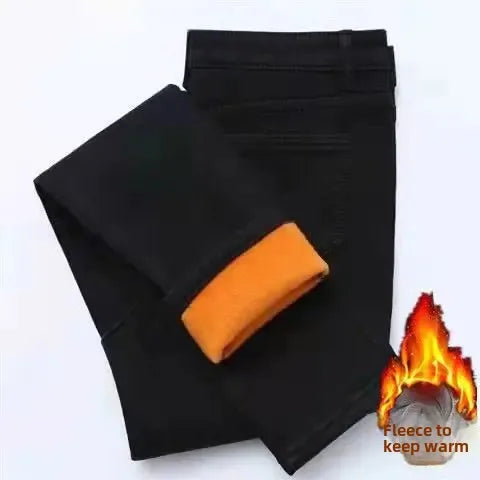 WinterFleece-Lined Thickened High-Waisted Jeans Women's Korean Style Black Slimming Trousers Student Elastic Long Pants