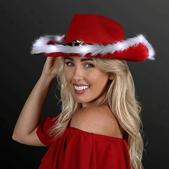 Chapeau de cowboy lumineux de Noël pour fête du Père Noël, chapeaux en feutre rouge occidental, chapeau de cowgirl à large bord, chapeau de jazz pour femmes et hommes