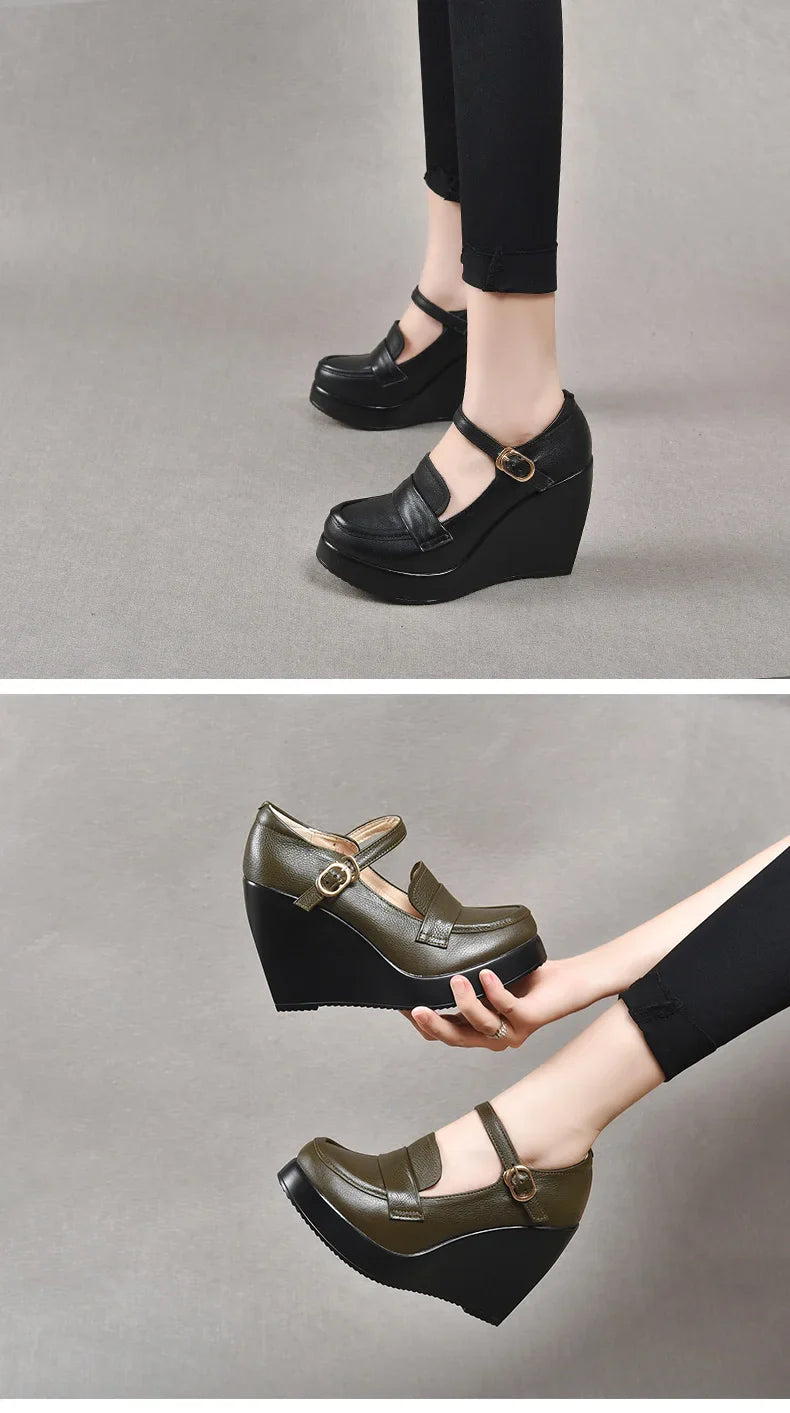 GKTINOO 2025 Compensées Chaussures Femme Printemps Automne À Enfiler Talons Hauts Bout Rond Cuir Véritable Décontracté Plateforme Dames Chaussures Femme