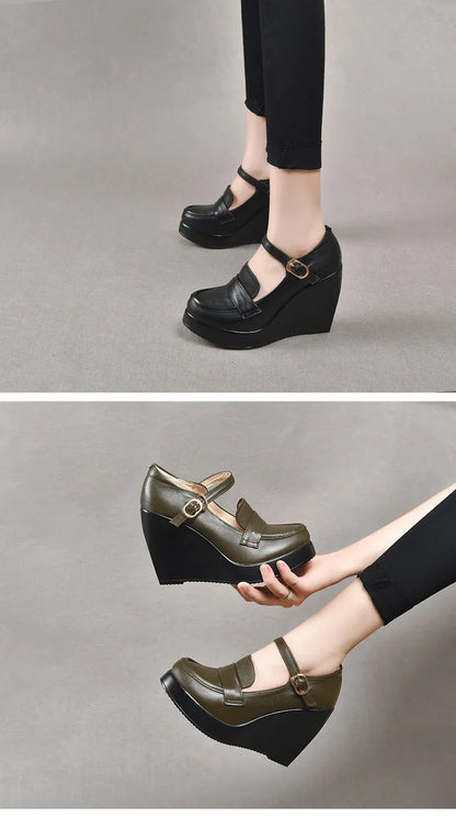 GKTINOO 2025 Compensées Chaussures Femme Printemps Automne À Enfiler Talons Hauts Bout Rond Cuir Véritable Décontracté Plateforme Dames Chaussures Femme